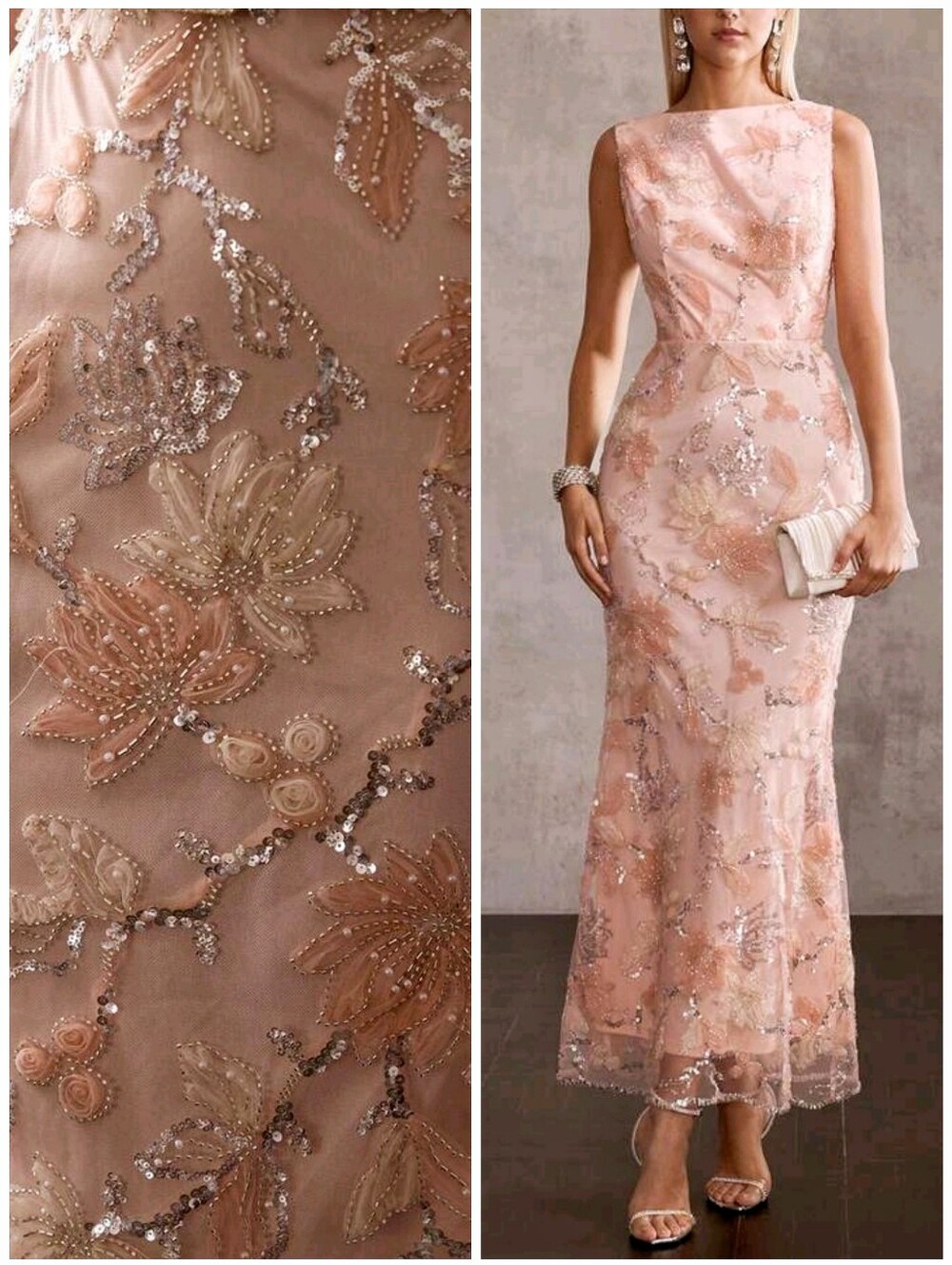 New Beaded Sequin Maxi Dress Gown Mermaid Sleeveless Floral Pink Peach Coral